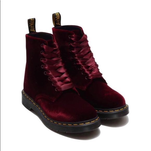 DR MARTENS Sz 6 1460 Pascal Red Wine Velvet Satin Lace Boots - Picture 2 of 15